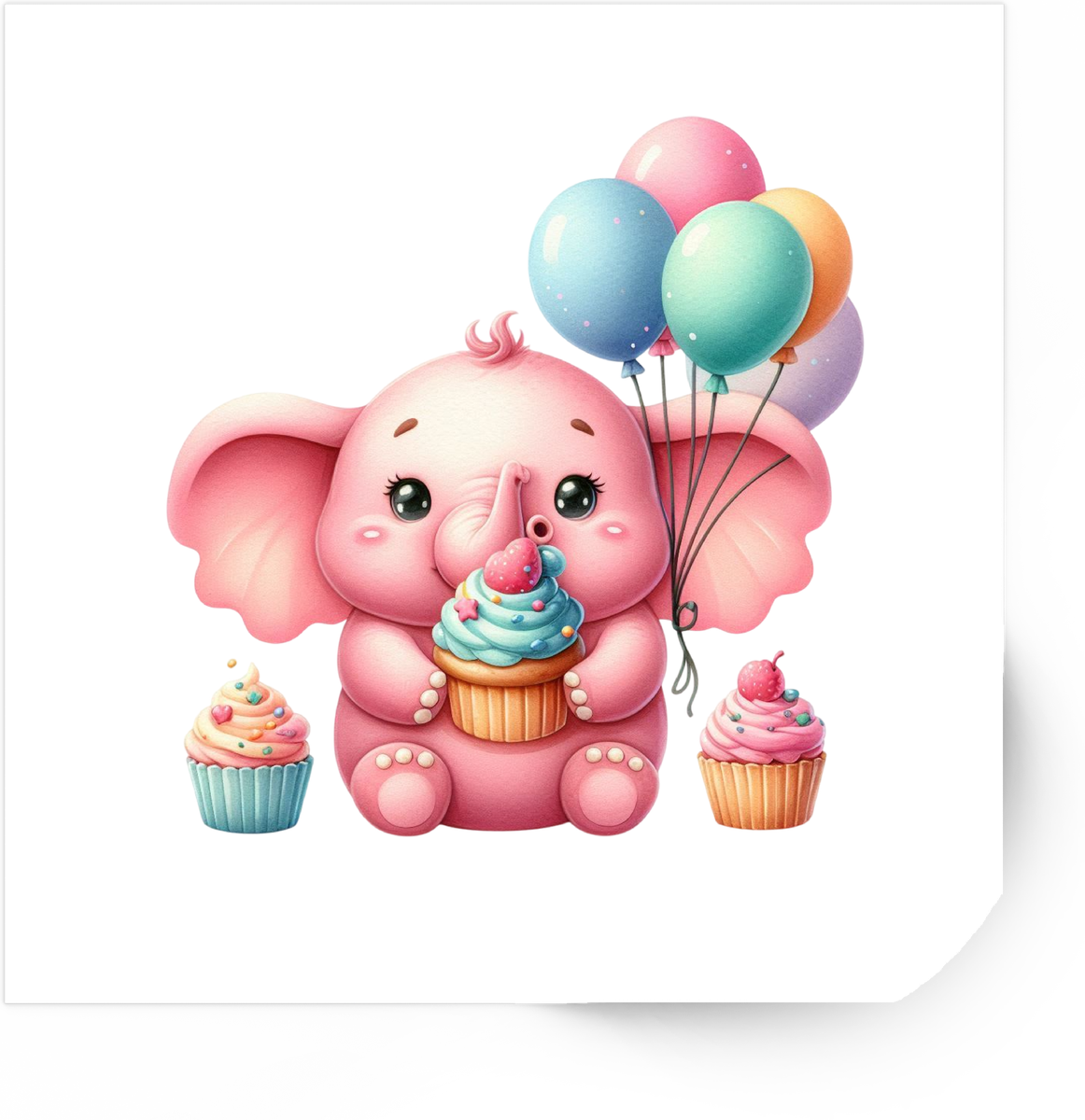 Cute Pink Elephant Birthday Sticker | Cupcakes & Balloons Vinyl Decal | Kids Party Gift