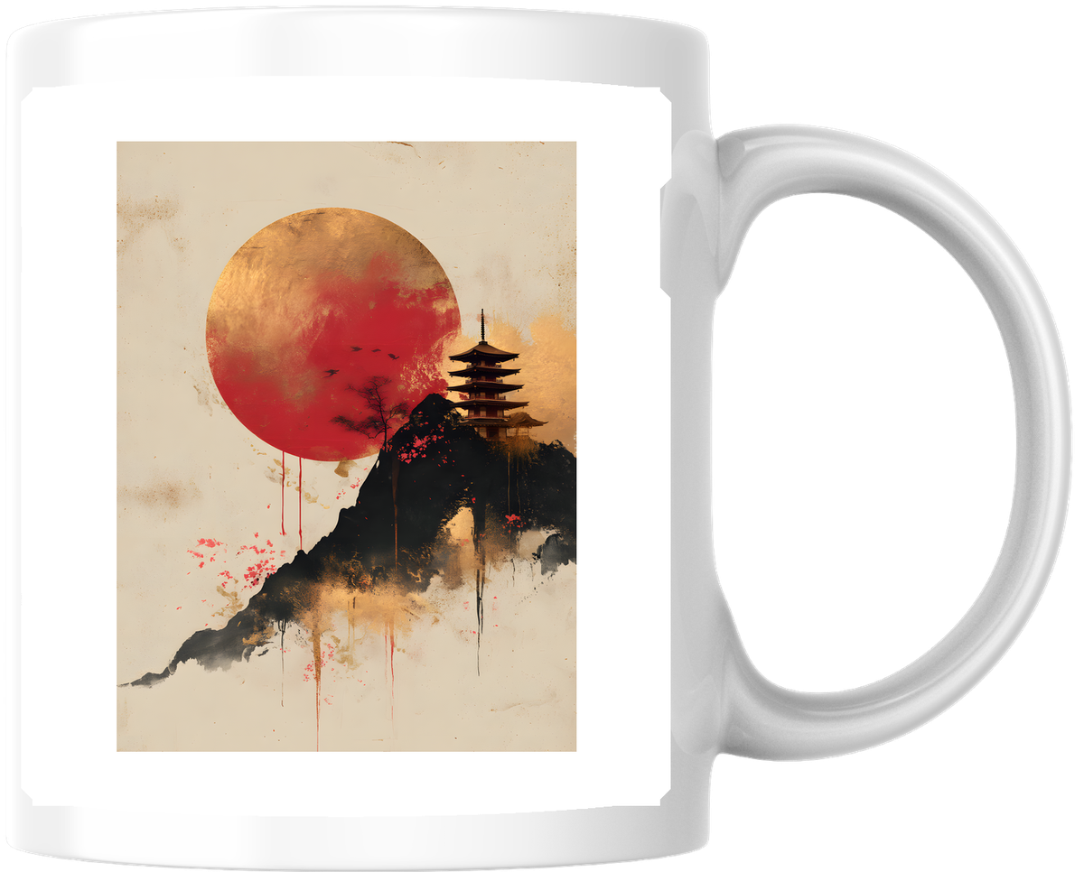 Japanese Pagoda Sunset Mug | Red Sun Ink Wash Coffee Mug | Zen Asian Art Gift